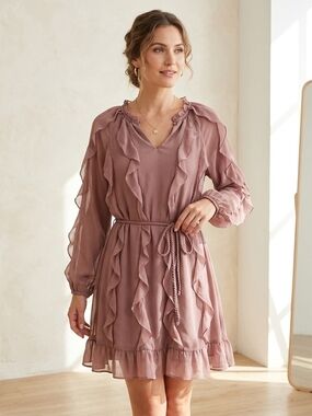 Time and Tru Mauve Ruffle V-Neck Long Sleeve Dress